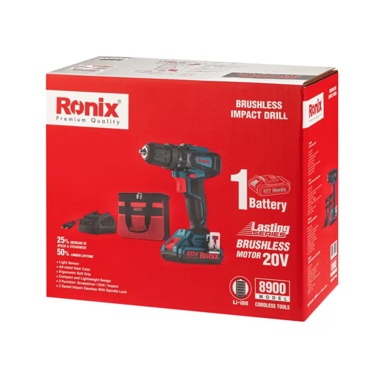 دریل پیچگوشتی چکشی شارژی براشلس ۲۰ ولت رونیکس (RONIX) – مدل ۸۹۰۰